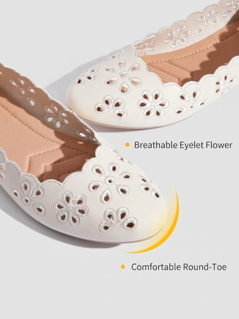 Women's White Eyelet Ballet Flats Memory Foam Scalloped Cutout Shoes - Picture 3 of 6
